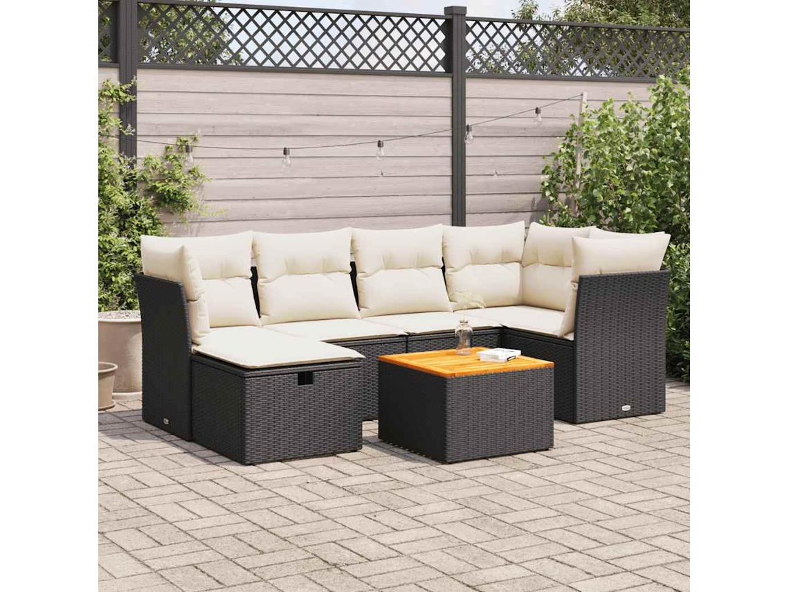 Conjunto 7 Pcs de Sofás P/ Jardim com Almofadões Vime Pe Preto PANGSHIYUAN