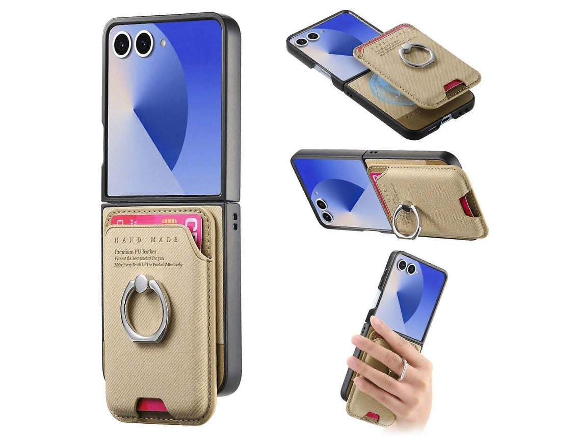 Capa Para Celular Samsung Galaxy Z Flip7 5g Com Fecho Magnético, Compartimento Para Cartão Em Tecido Sarjado E Parte Traseira Em Formato De Anel.