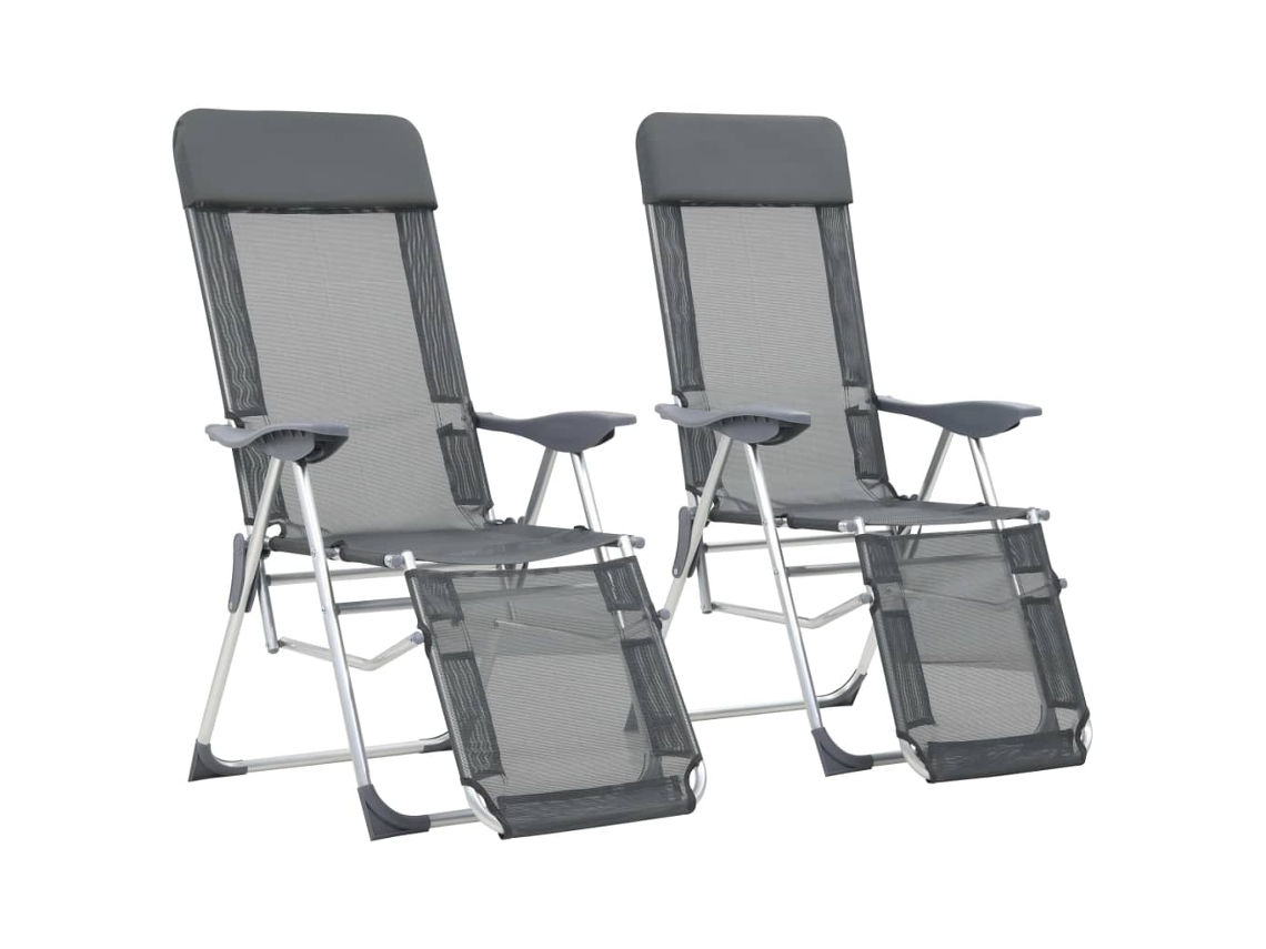 Cadeiras campismo dobráveis c/ apoio pés 2 pcs textilene cinza