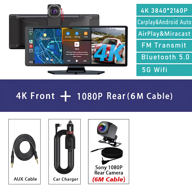 (traseira 6m) Câmera Veicular 4k, Lente Dupla De 10,26 Polegadas Com Carplay E Gps