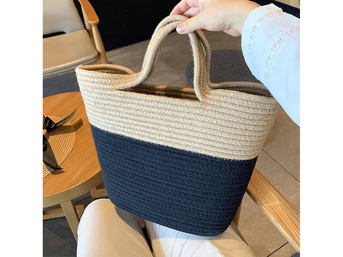 Bolsa de Praia de Palha com Corda de Algodão em Cores Contrastantes e Grande Capacidade AQUAFORGE