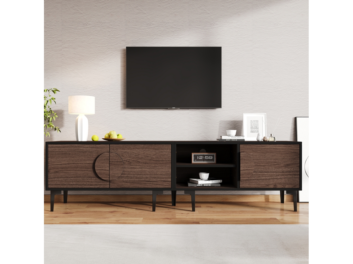 Cômoda Para Tv 180x35x49cm, Suporte Para Sala, Rack Com 2 Armários E Prateleiras Abertas, Nogueira Escura, Compatível Com Tv De Até 80 Polegadas.