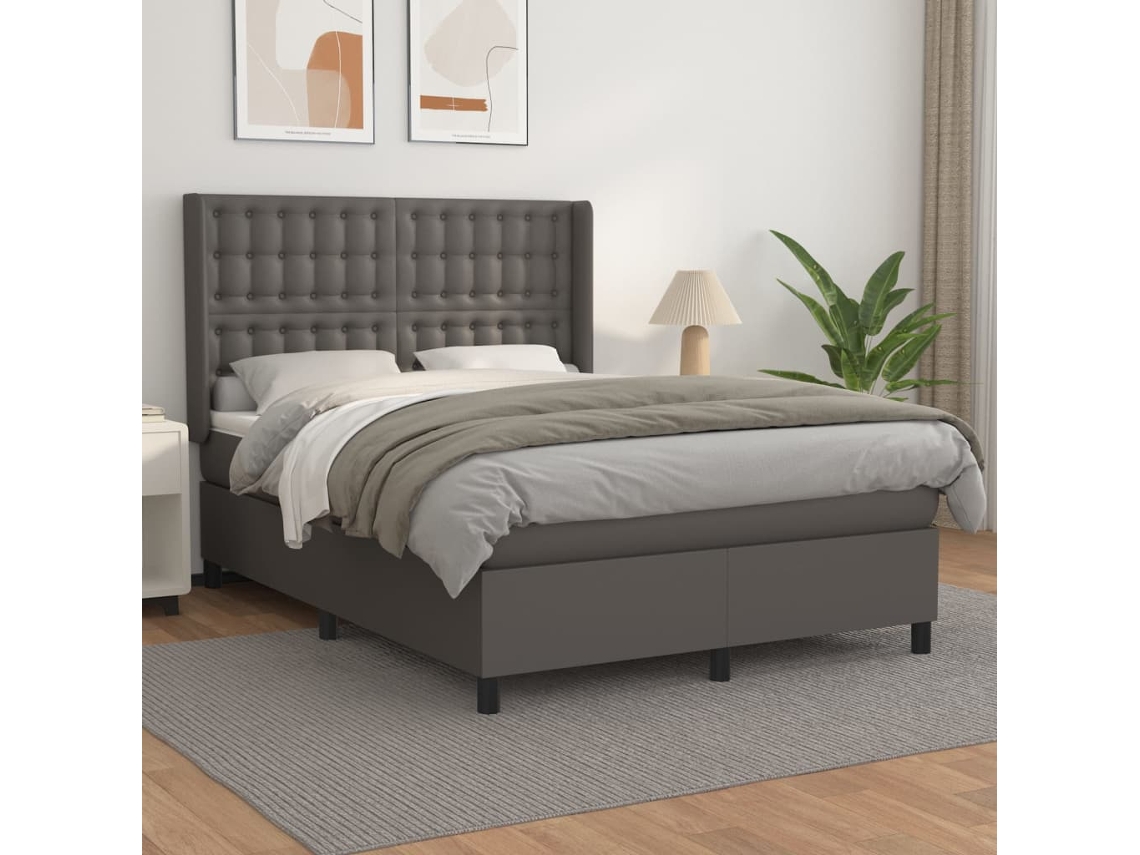 Vidaxl Cama Com Molas/colchão 140x190 Cm Couro Artificial Cinzento