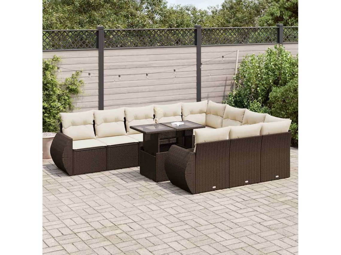 Vidaxl 11 Pcs Conjunto Sofás De Jardim C/ Almofadões Vime Pe Castanho