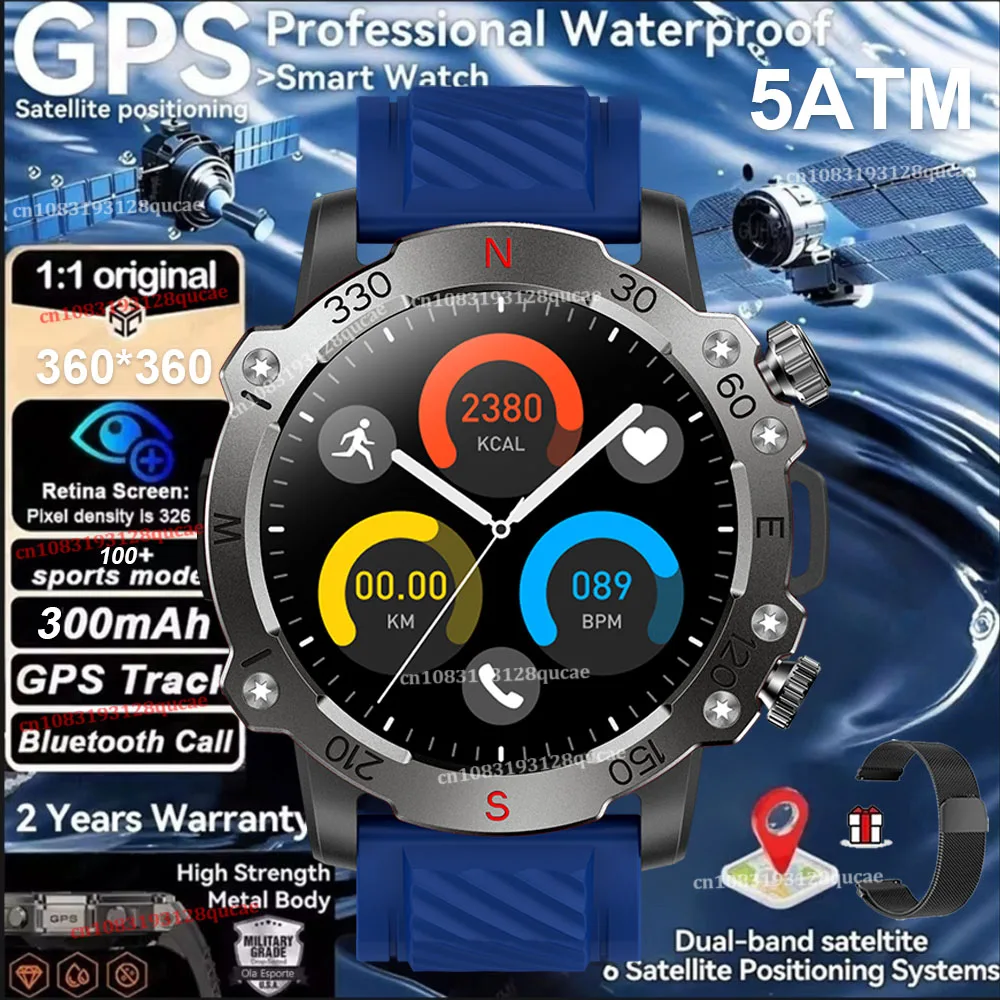 Smartwatch MDUG com GPS, à prova d'água, GPS Gnss de dupla frequência, monitoramento de atividades, azul com pulseira de malha