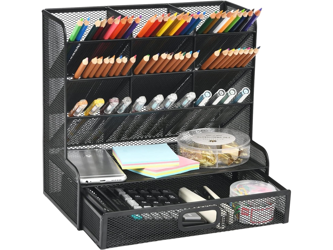 Mesh Desk Organiser, Multi Functional Pen Holder, Pen Organiser For Desk, Desktop Stationary Organiser Beijiyi (black Pen Holder With Drawer)