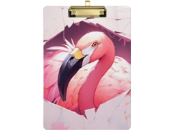 Prancheta decorativa com estampa de flamingo rosa e papel rasgado.