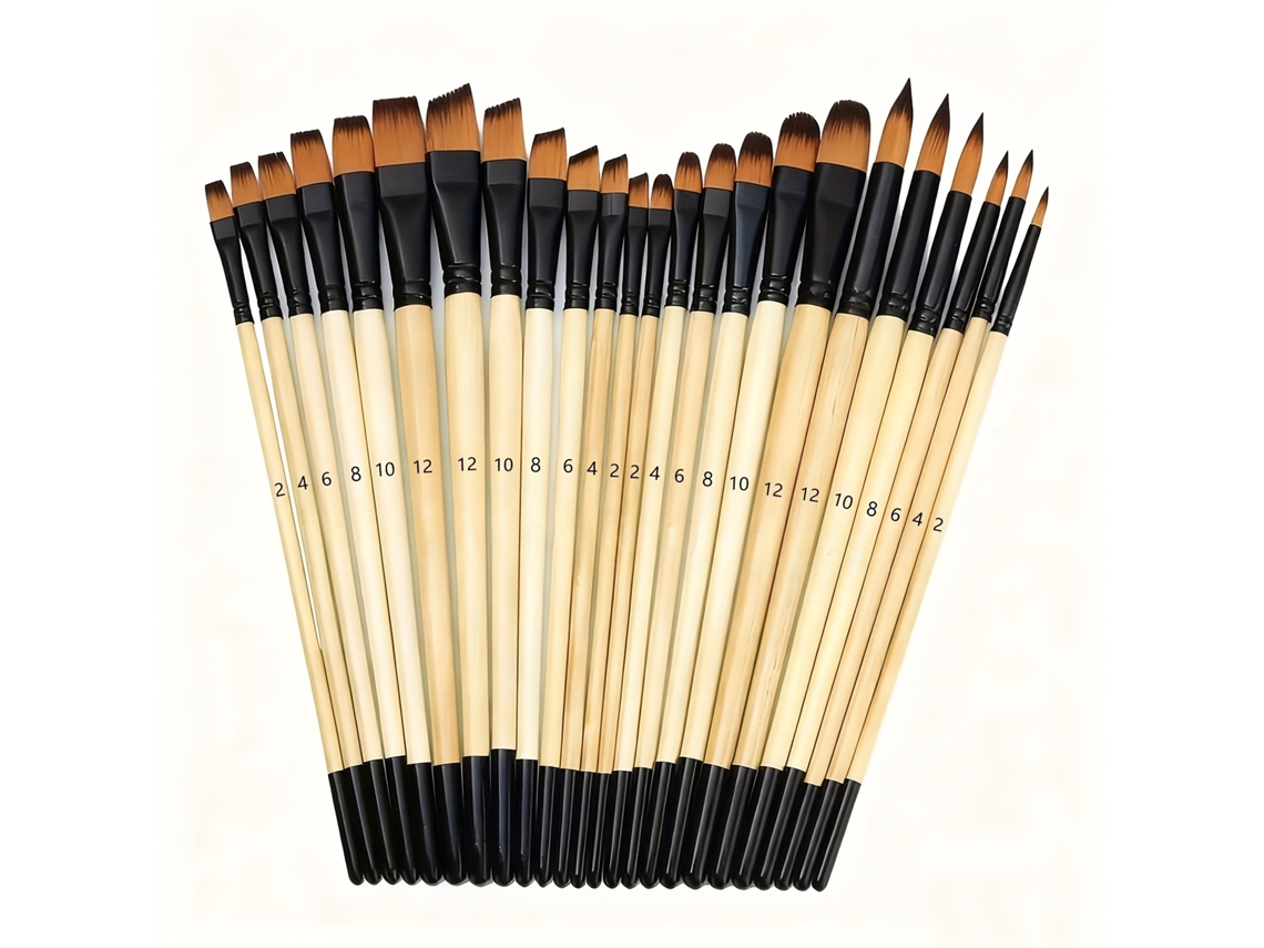 Conjunto De 24 Pincéis Artísticos Com Cerdas Sintéticas E Cabos De Madeira, Ideais Para Pintura Acrílica, Óleo, Aquarela E Trabalhos Manuais.