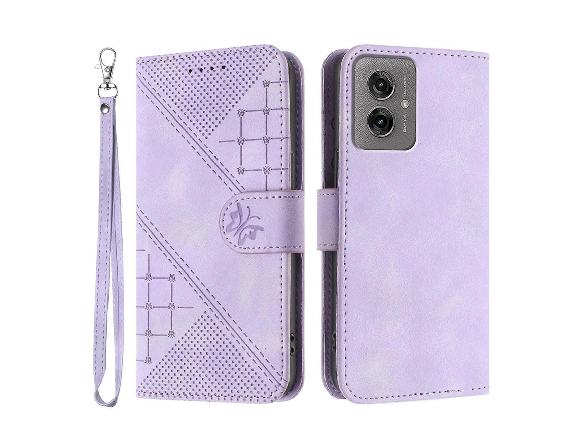 Capa De Couro Tipo Carteira Com Estampa De Borboleta E Alça Roxa Para Motorola Moto G55 5g