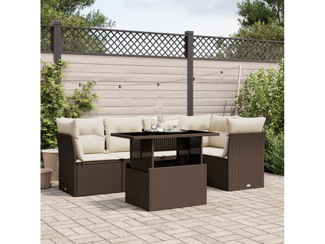 Vidaxl 6 Pcs Conjunto De Sofás Jardim C/ Almofadões Vime Pe Castanho