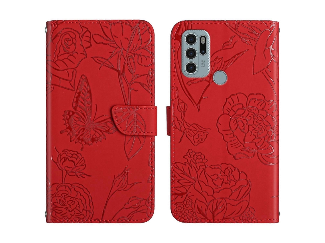 Capa De Celular Em Couro Sintético Com Textura De Borboleta E Peônia Para Motorola Moto G60s