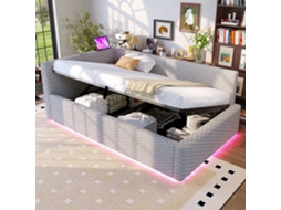 Cama Estofada 90x200 Led Usb c Hidráulica em Veludo Cinza