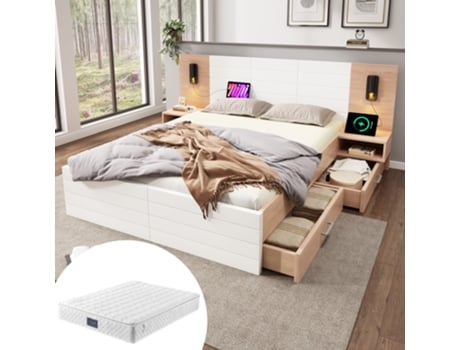 Cama De Casal 160x200 Cm - Com 2 Gavetas, Cabeceira Com Iluminação Usb, 2 Mesas De Cabeceira - Carvalho/branco