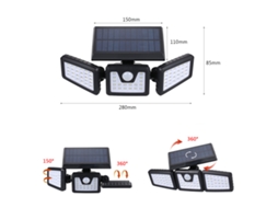 Luz Parede Solar Sensor Movimento Pir 3 Cabeças 70 Leds Ip65 Jardim Pátio | S/MARCA
