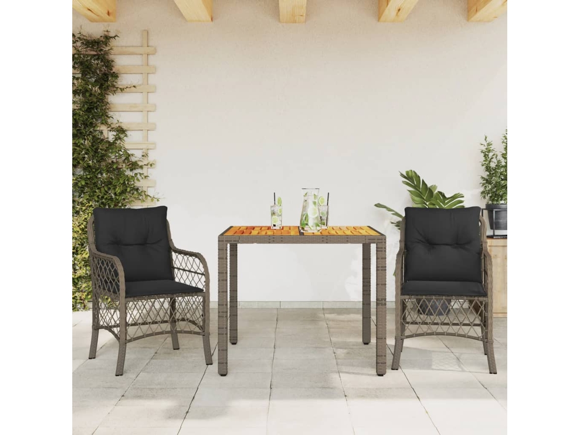 Vidaxl 3 Pcs Conjunto Bistrô Com Almofadões Vime Pe Cinza