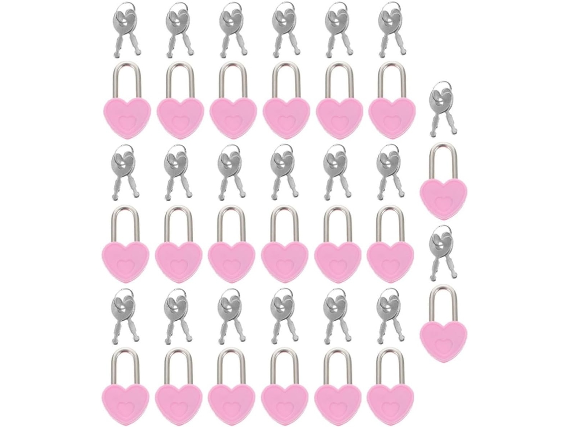 Conjunto Com 20 Mini Cadeados Em Formato De Coração Rosa, Chave, Caixa E Caderno |