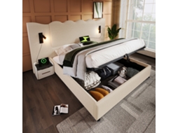 Cama de arrumação 180x200 cm com candeeiro de leitura, USB-C, estrutura em madeira maciça e metal, veludo cotelê bege/branco, sem colchão VSOGA