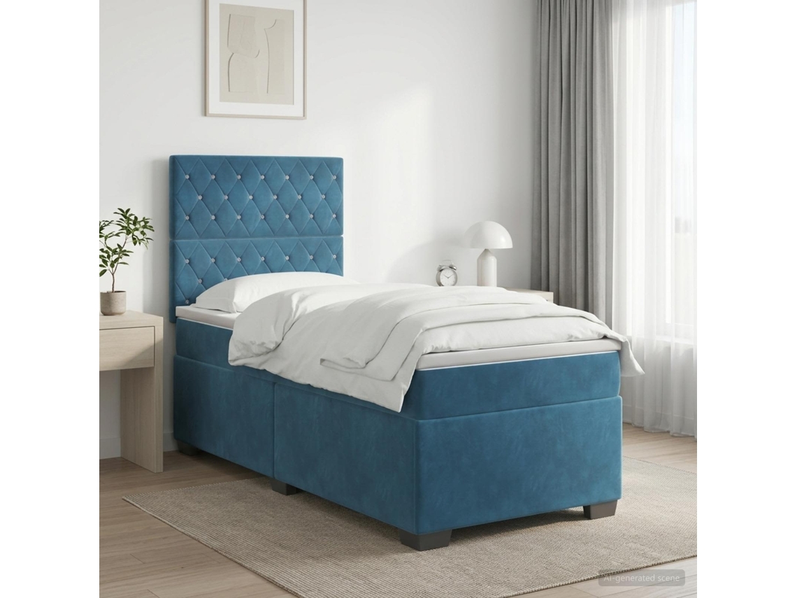 Vidaxl Cama Box Spring Com Colchão Azul 80 X 200 Cm Veludo
