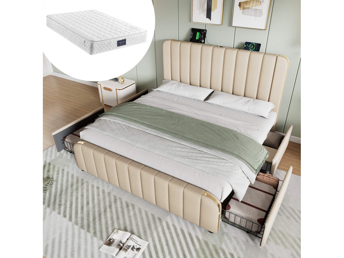 Cama De Casal 160x200 Cm Cabeceira Estofada, Faixas Douradas, Usb C, 4 Gavetas, Com Colchão Bege Mobrio