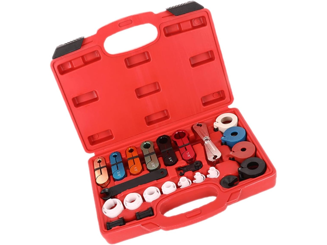 Conjunto de 22 ferramentas para desconectar a linha de combustível do sistema de ar condicionado automotivo.