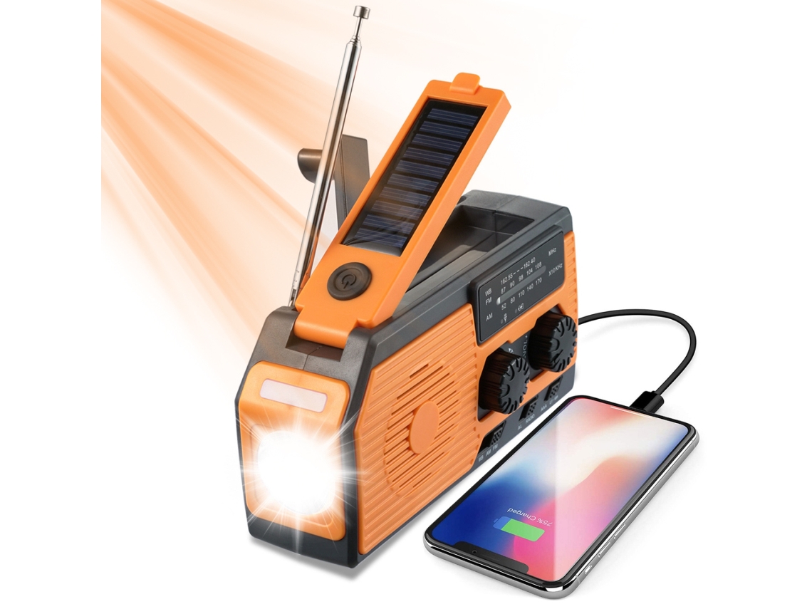 Rádio solar AQUAFORGE, AM/FM, manivela, bateria 2000mah, lanterna, luz de leitura