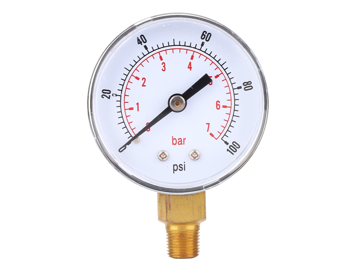Manômetro Com Mostrador De 50 Mm E Conexão Inferior 1/8 Bspt Para Ar, Água, Óleo E Gás(0, 100 Psi/ 0, 7 Bar)