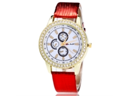 Relógio de Pulso Feminino Casual de Quartzo com Pulseira de Couro Pu Vermelho