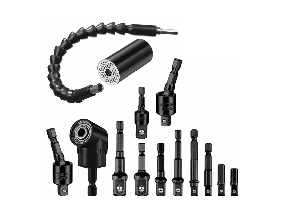 Kit de extensão flexível de 14 peças para brocas com extensão de 105°, adaptador de plugue universal e punho universal.