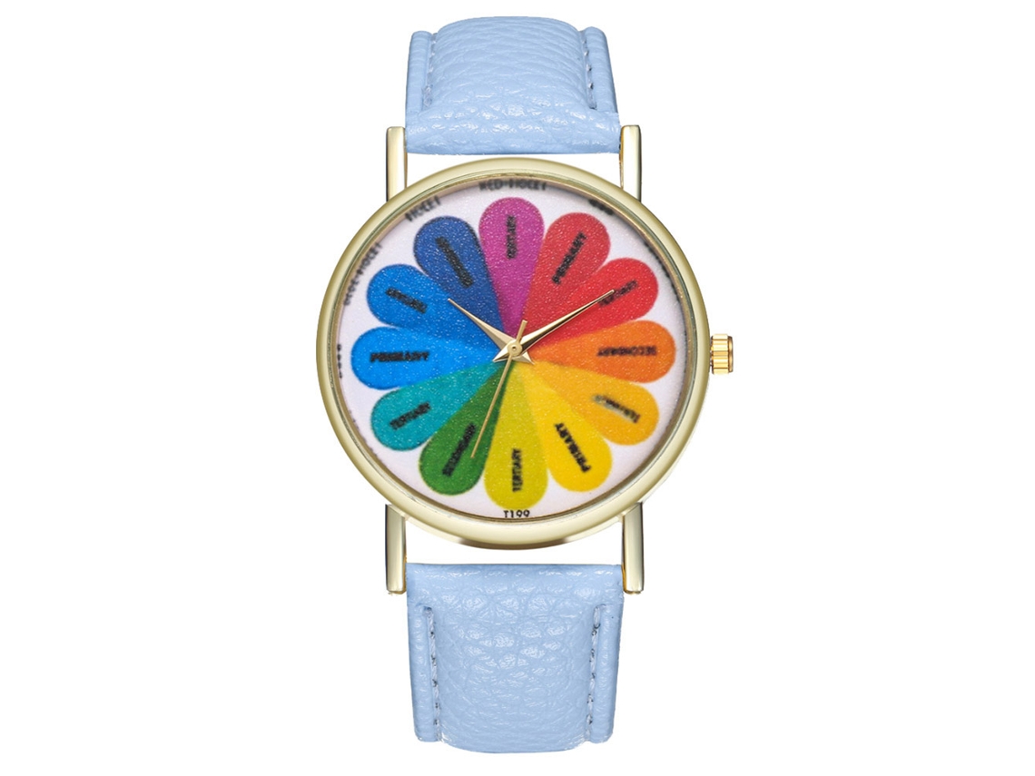 Relógio feminino casual de quartzo com pulseira de couro PU azul claro.