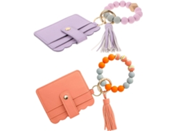 De 2 Chaveiros De Pulseira Com Contas Para Mulheres, Porta-cartões Fino Em Pu, Chaveiro Com Pingente De Metal