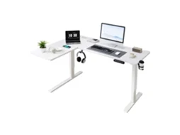 Secretária Elevatória Em L 160×120 Cm Branca Com Tomadas, Usb, Suporte Para Copo E Auscultadores
