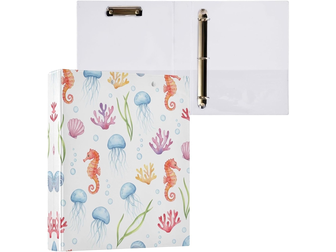 Pasta de 3 Argolas para Papel Tamanho Carta , com um Design Fofo Cavalo marinho Redondo e Supo (27,9 X 21,6 Cm)