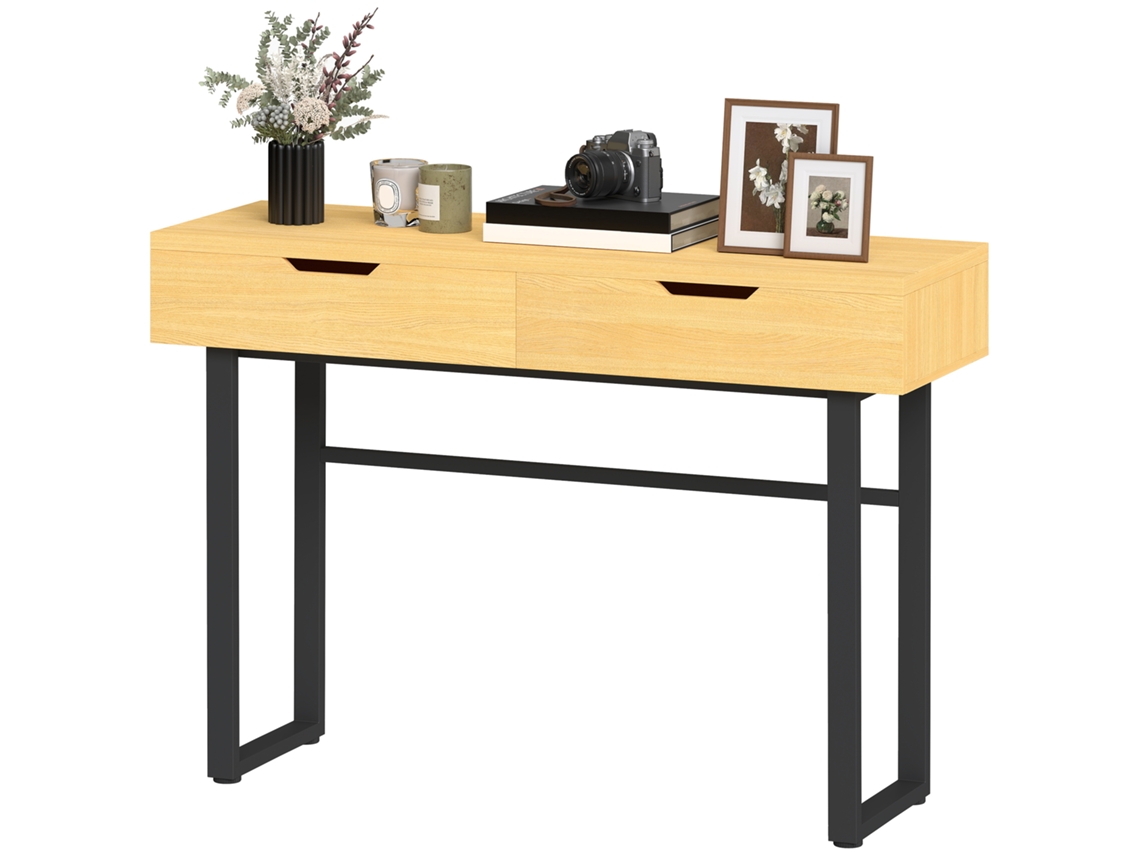 Mesa De Consola Estreita 120cm Com 2 Gavetas E Design Sem Alças, Estrutura Metálica Em Madeira Natural