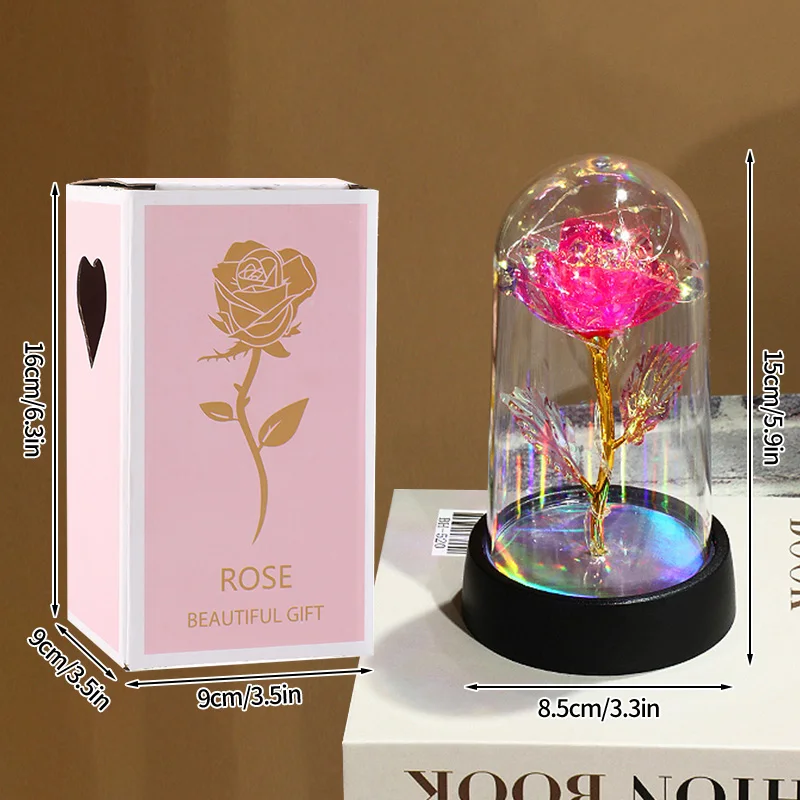 Rosa Preservada em Cúpula de Vidro, Flor Artificial, Rosa Iluminada por Led MDUG