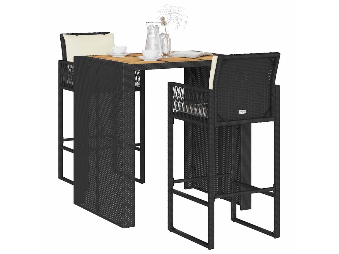 Vidaxl 3 Pcs Conjunto De Bar Jardim C/ Almofadões Vime Pe/acácia Preto