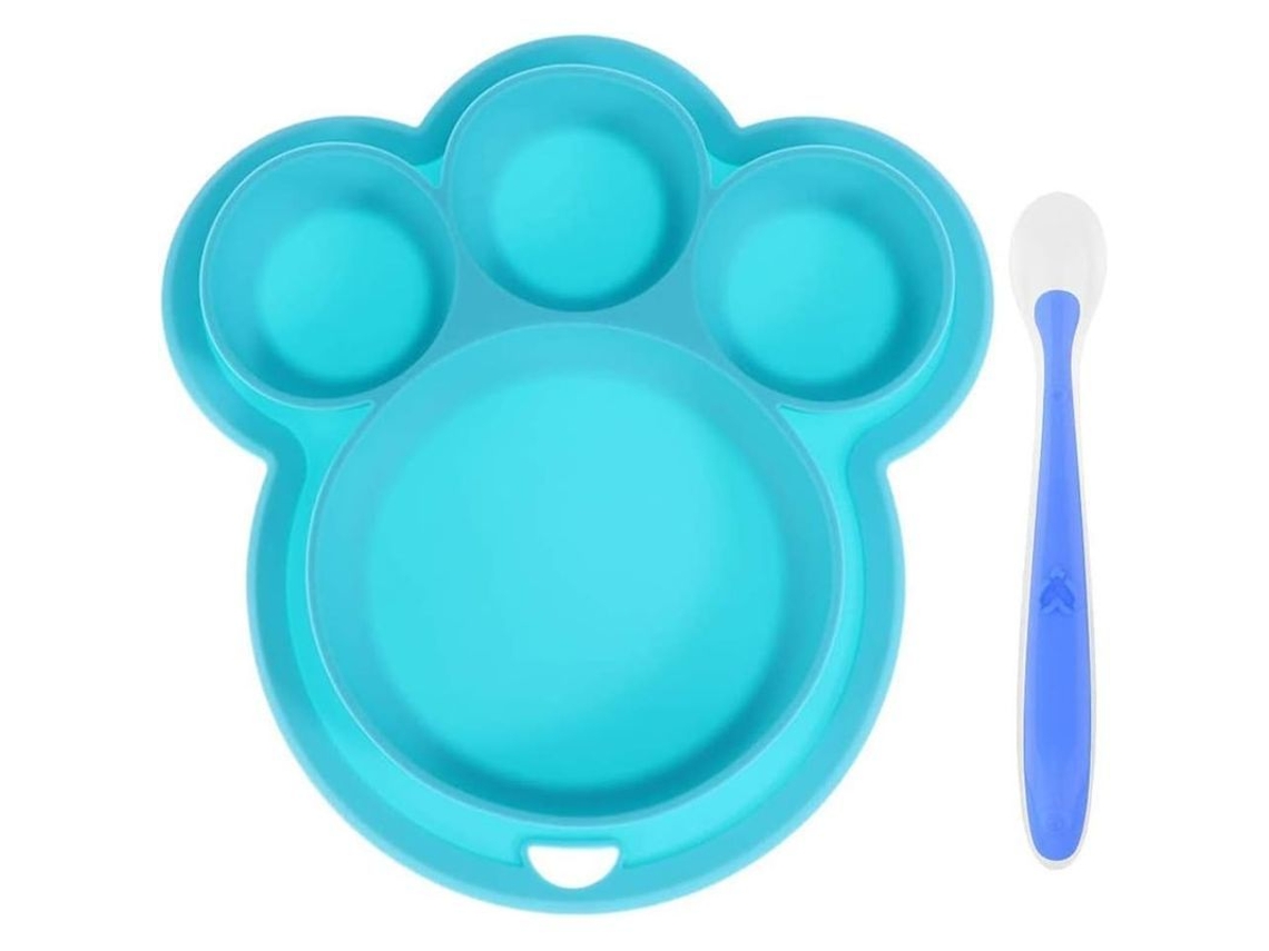 Plato De Silicona Para Bebé Com Cuvas Separadas E Colher, Portátil, Anti-choques, Azul
