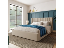Cama De Casal 160x200cm, Cama Estofada, Para Adolescentes E Adultos, Sistema De Elevação Hidráulico, Estrado De Ripas, Linho, Bege