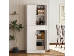 Armário De Cozinha 4 Portas, 1 Gaveta, Prateleiras Ajustáveis, Sistema Anti-tombamento, Para Sala De Jantar E Estar, 70,8x34x180cm, Branco E Prata
