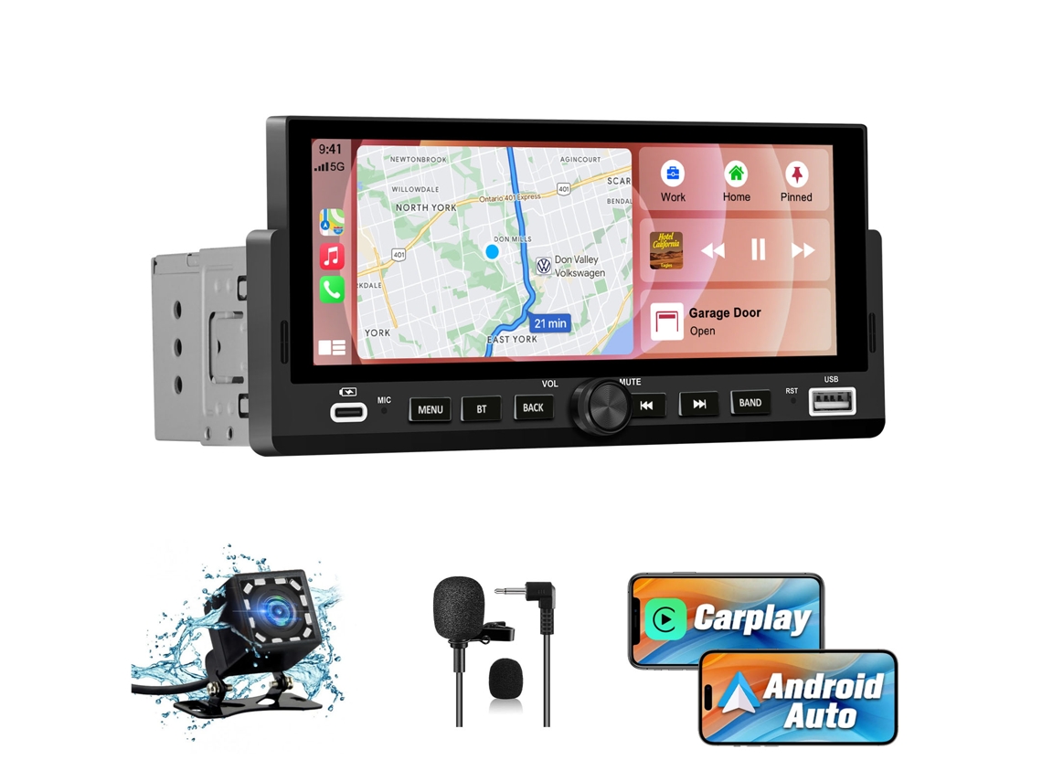 Rádio Carplay Sem Fios 6.86" com Android Auto, Ecrã Tátil, Entrada Usb, Câmara de Marcha atrás Bt HEXINEX