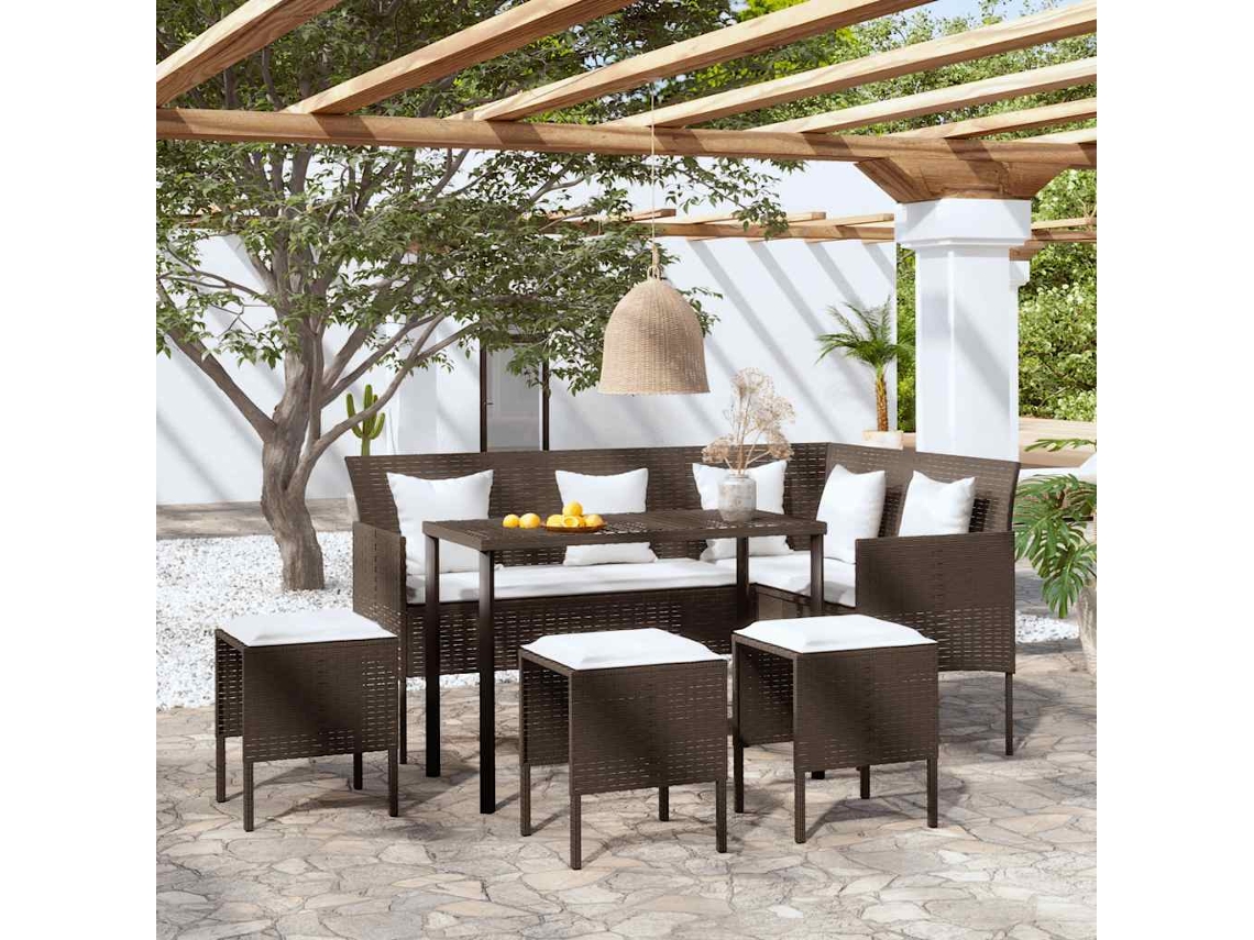 Vidaxl 5 Pcs Conjunto Sofás Formato L C/ Almofadões Vime Pe Castanho