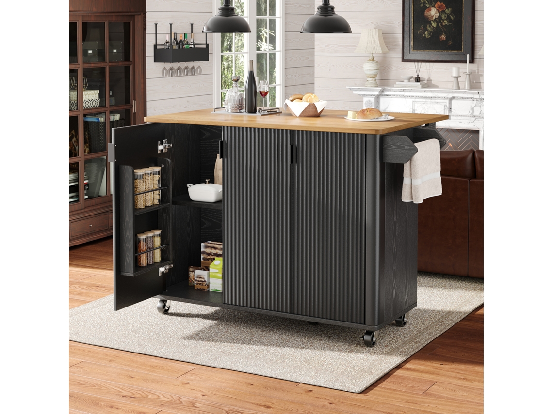 Ilha Cozinha Auxiliar Madeira Buffet 130x75x92cm Extensível Rodas Suporte Toalhas Branco Preto