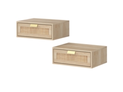 Conjunto De 2 Mesas De Cabeceira Flutuantes Com Gaveta De Vime Economizando Espaço - Durável Natural 40x30x15 Cm