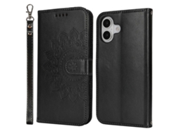 Capa Tipo Carteira De Couro Texturizado Com Suporte Para Iphone 16 Plus E Alça Preta