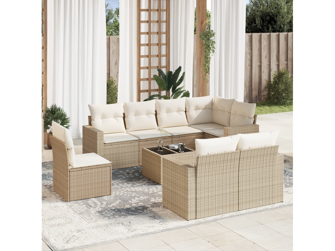 Vidaxl 9 Pcs Conjunto De Sofás P/ Jardim Com Almofadões Vime Pe Bege