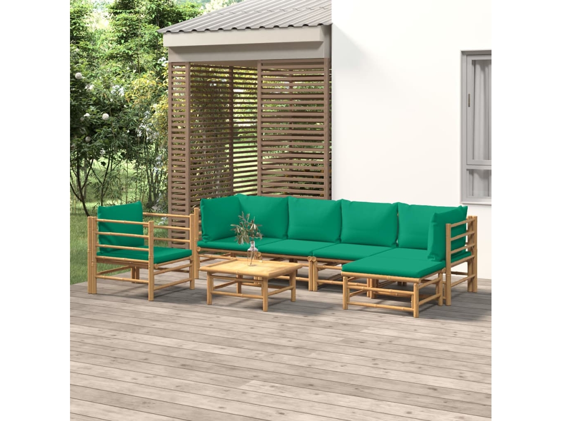 Vidaxl 7 Pcs Conjunto Lounge De Jardim Bambu C/ Almofadões Verdes