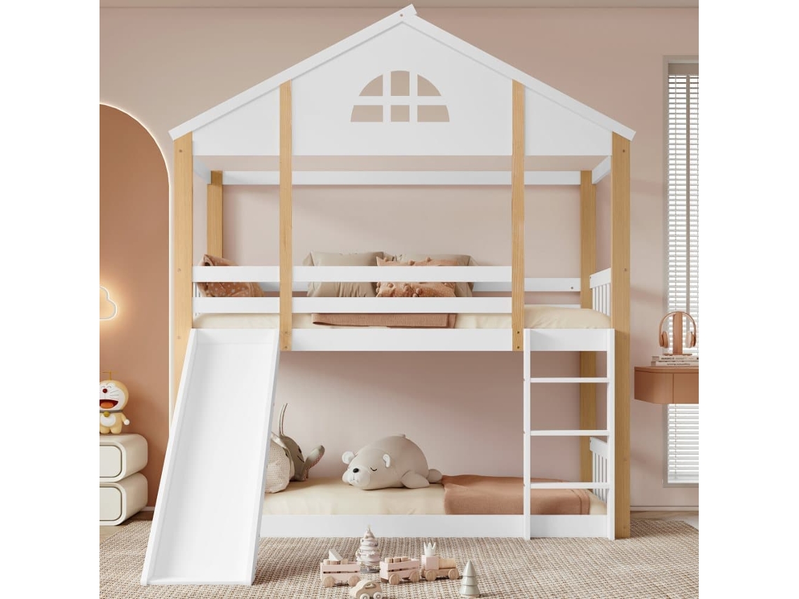 Beliche Infantil 90x200 Cm - Com Janelas, Escorregador, Escada Angular E Grades De Segurança - Branco+natural