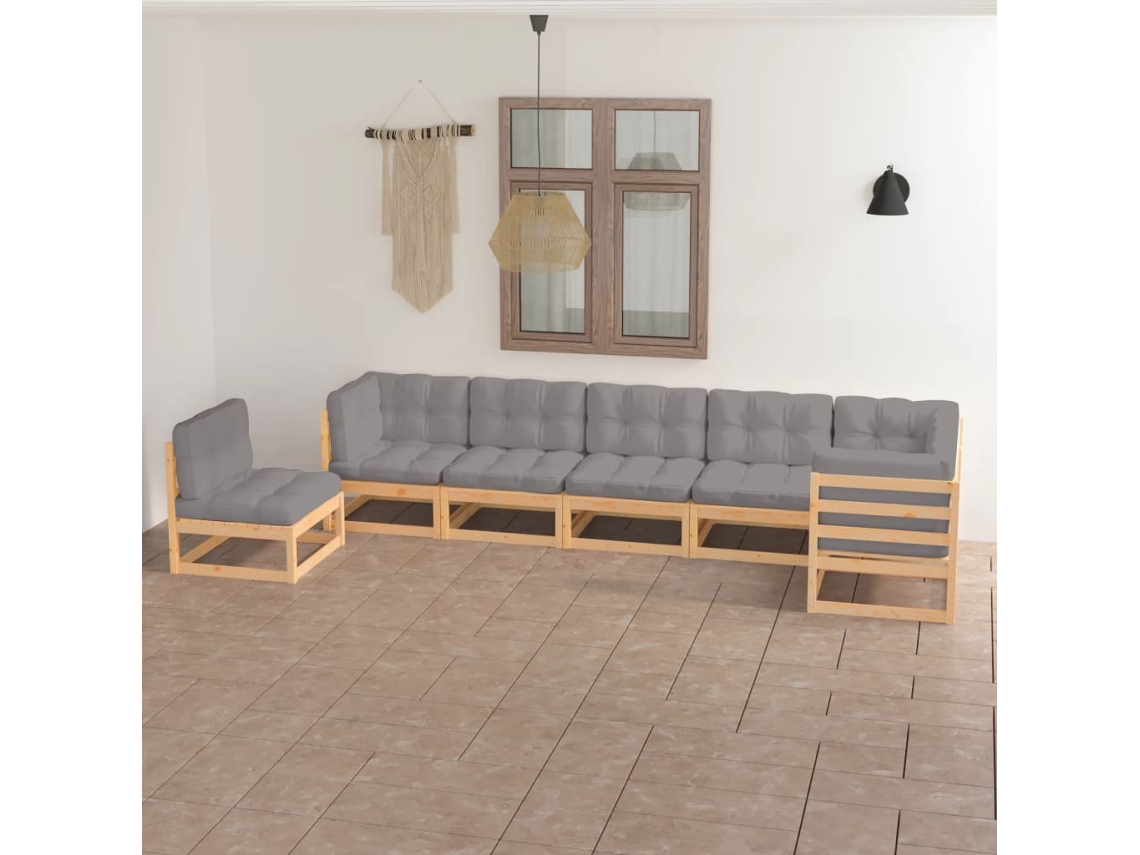 Pcs Conjunto Lounge De Jardim C/ Almofadões Pinho Maciço Dkd Home Decor