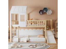 Beliche Com Escada Retangular E Escorregador, Cama De Casa Com Teto E Janela, Cama Infantil Com Proteção Contra Quedas E Grades, Estrutura De Pinho,