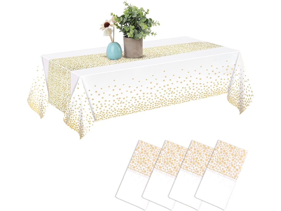 Toalha De Mesa Descartável 4 Unid., Água-proof 137x274cm Branco Dourado. Para Festas, Aniversários, Casamentos, Natal.