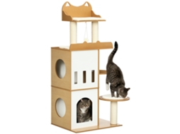 Árvore para Gatos em Mdf com Arranhador, 2 Casinhas, Poleiros e Bola de Brincar, 60x48x133 Cm ESSÊNCIACASA